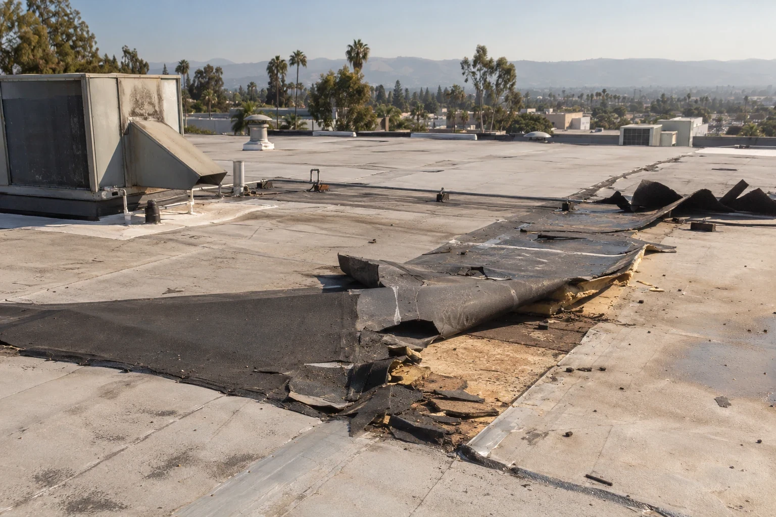 Wind-damaged commercial roof in Orange, CA Wind-damaged commercial roof in Orange, CA